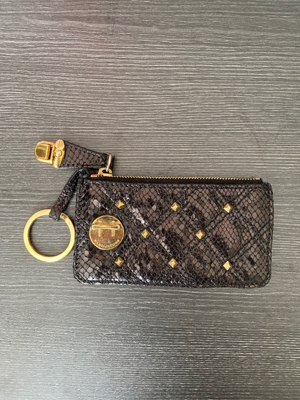 Marc Jacobs Snake Embossed Studded Zip Coin Pouch Key Ring Wallet Black